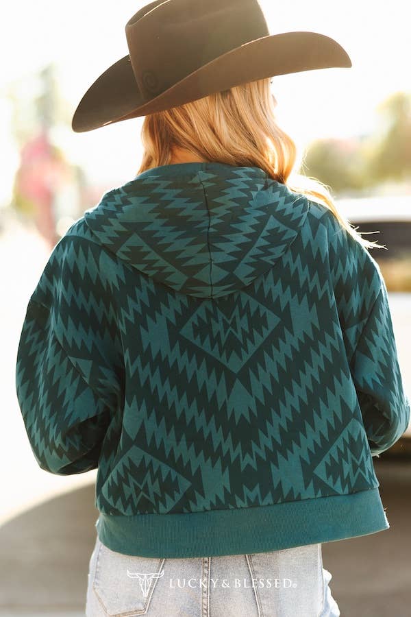 Teal Aztec Printed Zip Up Crop Hoodie