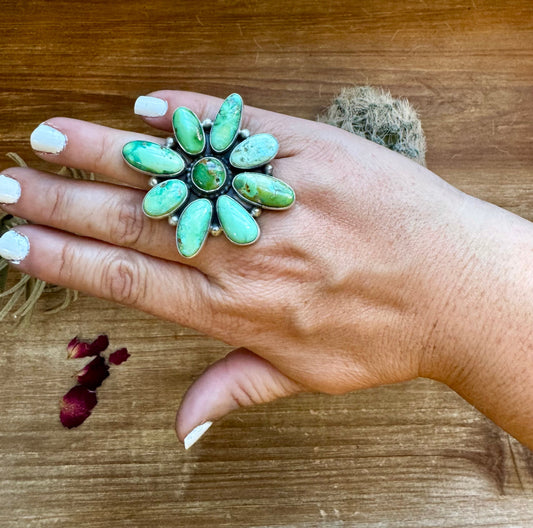 Big Flower ring- size 9 - Sonoran Gold turquoise ring and sterling silver