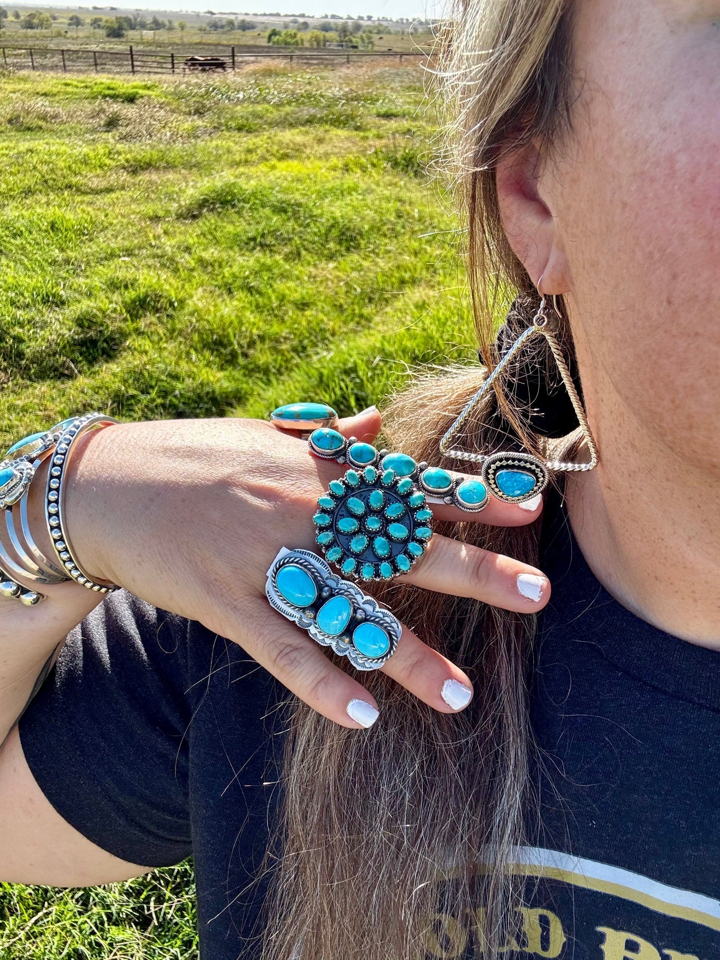 Long Ring- adjustable- 3 stone turquoise ring and sterling silver