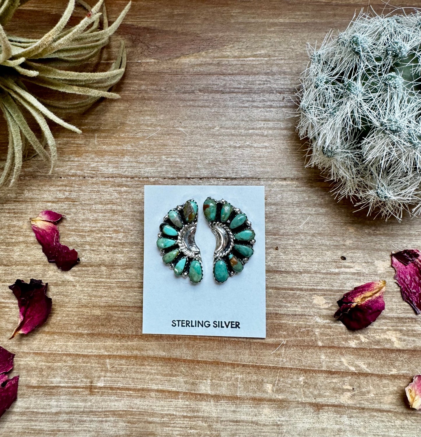 Half Green turquoise flower stud earrings