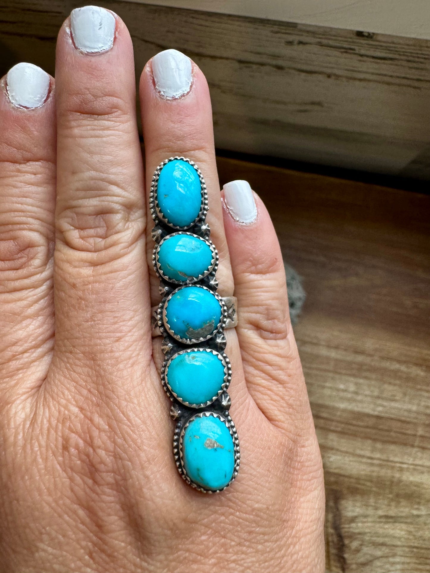 Long Ring- adjustable- Kingman turquoise ring and sterling silver