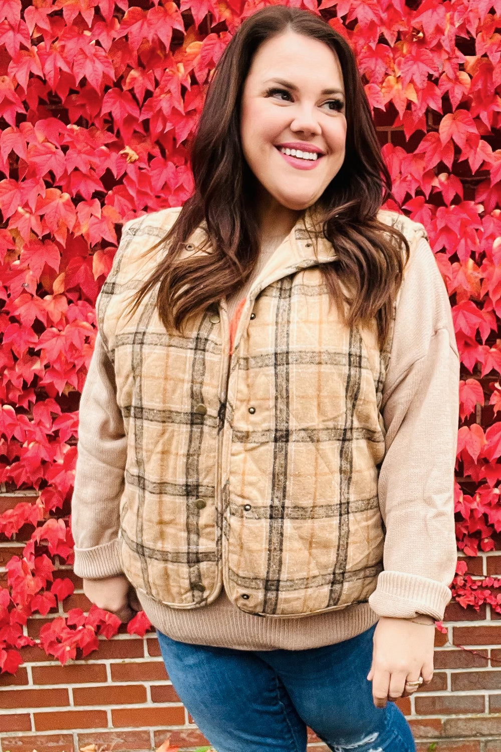 Layer Up Taupe Plaid Snap Button Quilted Puffer Vest