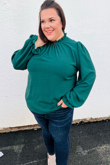 Be Merry Hunter Green Frill Mock Neck Crinkle Top