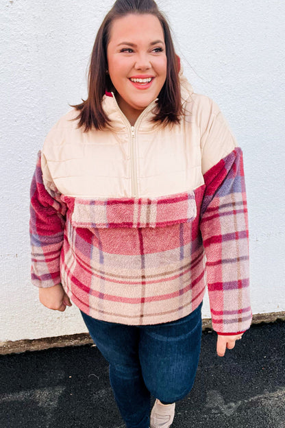 Tried & True Oatmeal & Garnet Plaid Half Zip Puffer Hoodie