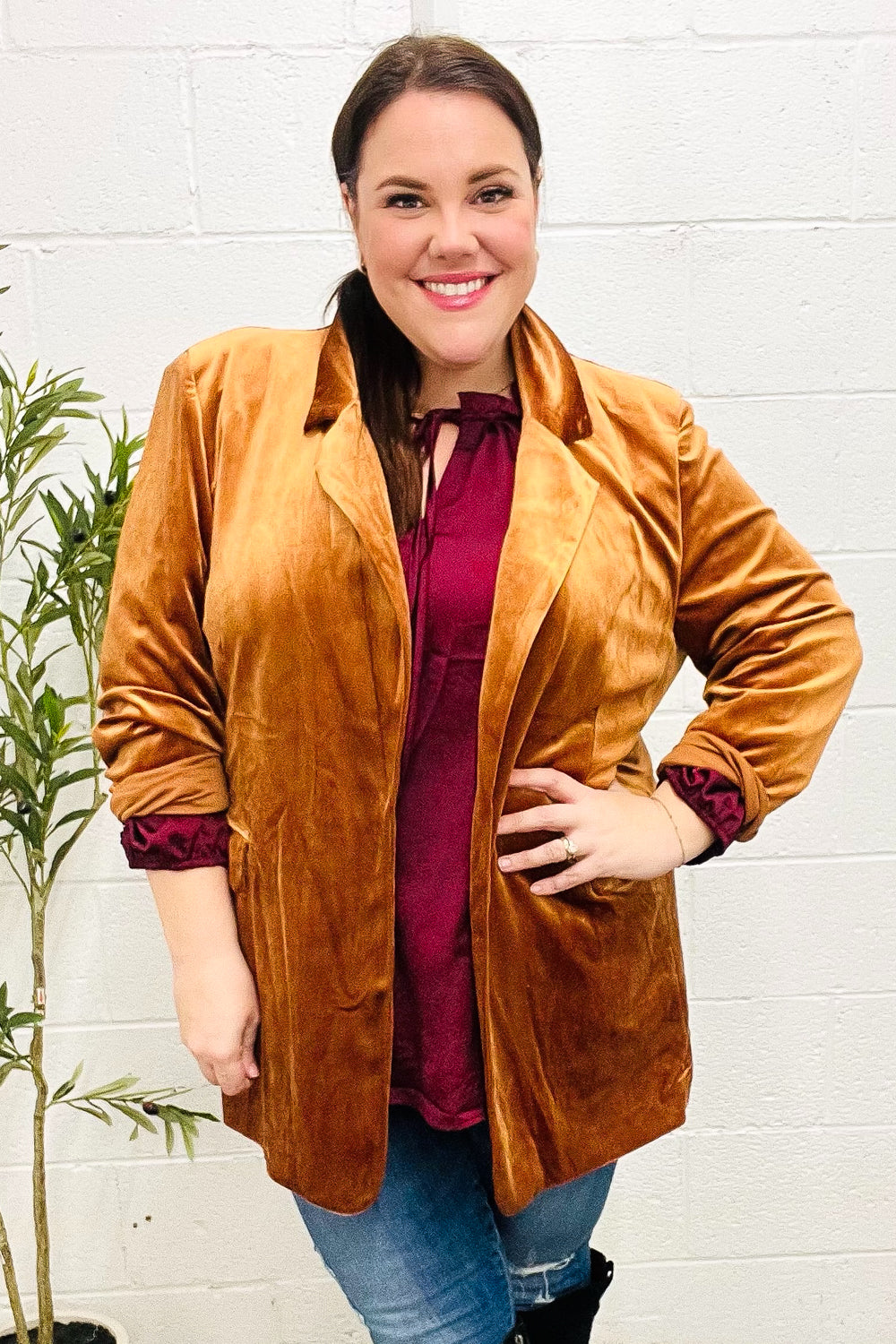 Holiday Stunner Rust Velvet Lapel Blazer