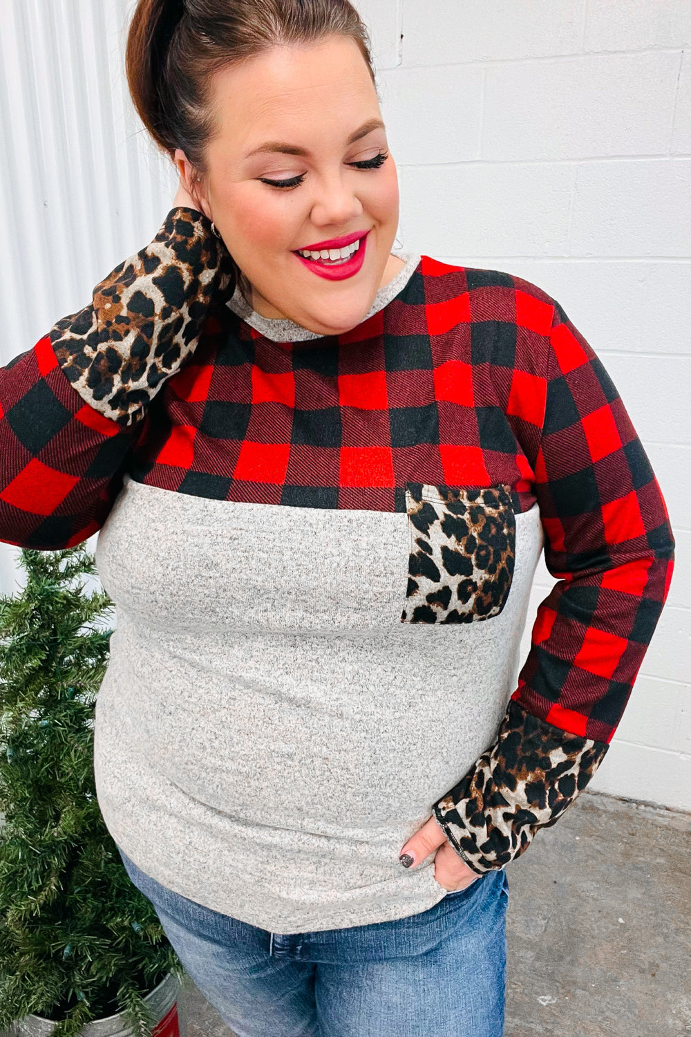 All Of Me Grey & Red Plaid Animal Print Pocketed Top