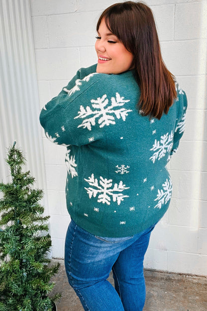 Season Greetings Hunter Green Puffy Snowflake Jacquard Sweater