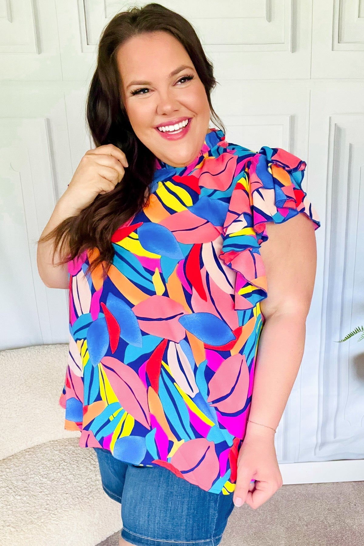 Tropical Vibes Blue & Pink Mock Neck Flutter Sleeve Top