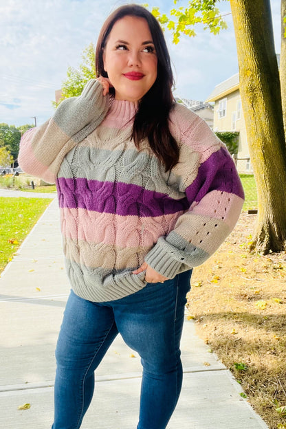 Fall For You Mauve Multicolor Stripe Cable Knit Mock Neck Sweater