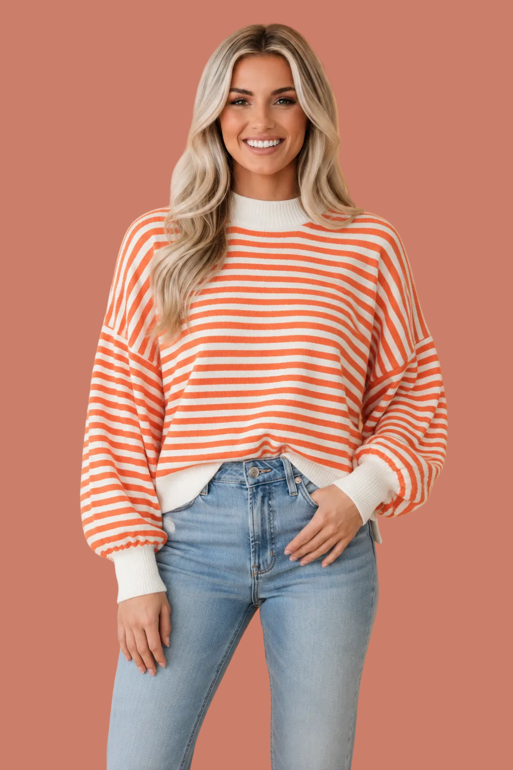 Stripe Textured Mock Neck Long Sleeve Oversized Top