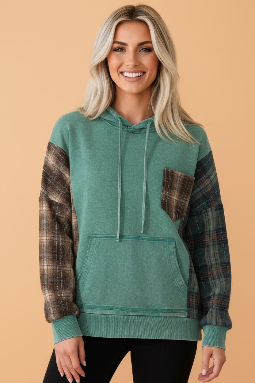 Plaid Patchwork Mineral Wash Drawstring Hoodie