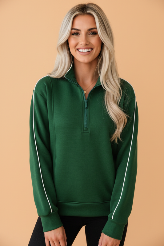 Solid Contrast Trim Zip-Up Mock Neck Sweatshirt