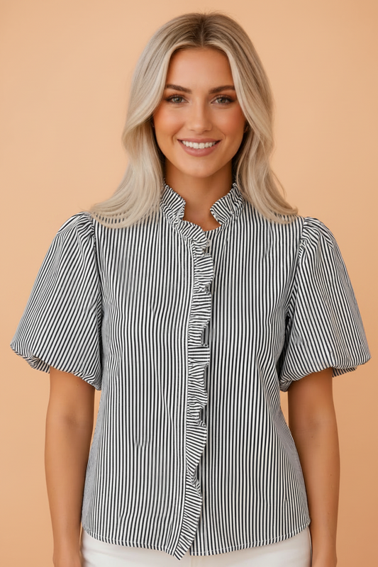Stripe Ruffle Bubble Sleeve Shirt