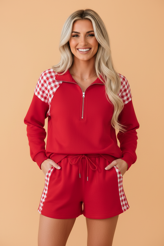Gingham Patchwork Half-Zip Pullover & Shorts Set