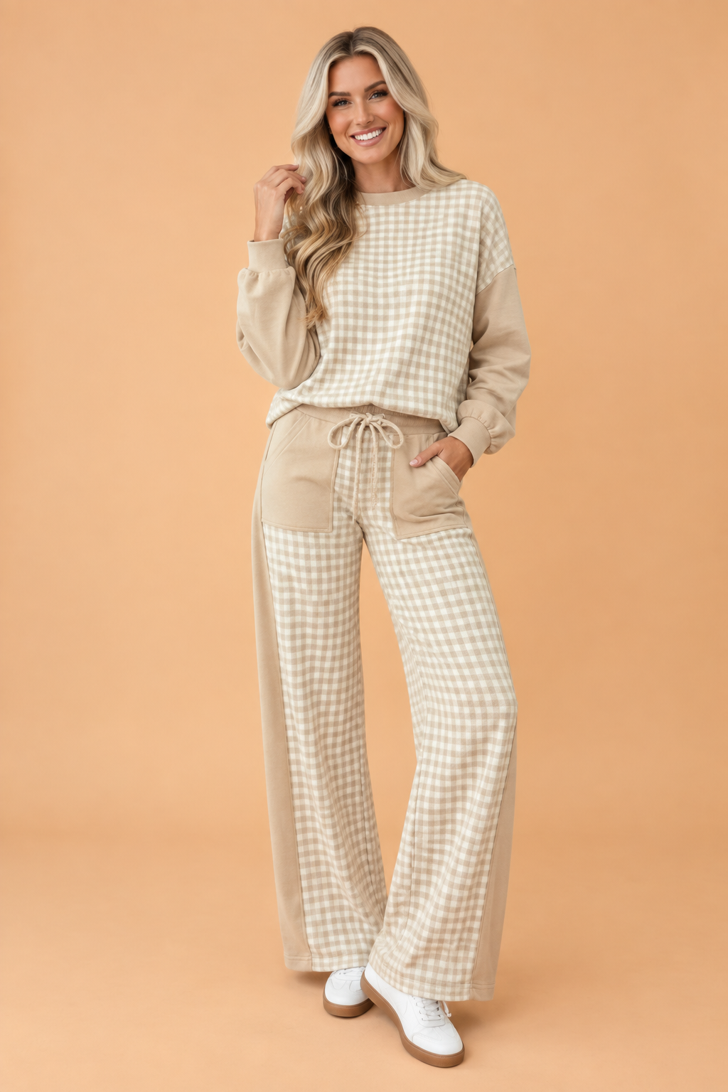 Gingham Patchwork Long Sleeve Top & Pant Set