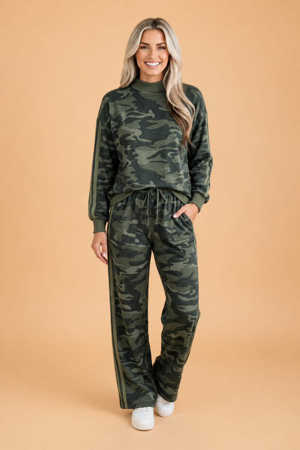 Camo Side Stripe Long Sleeve Top & Pants Set