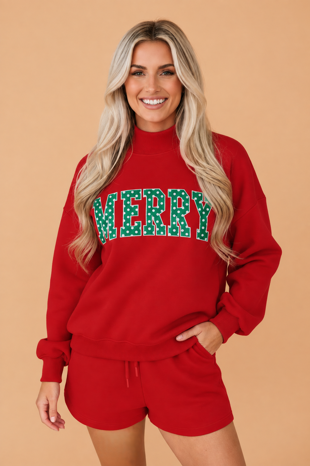 Christmas Polka Dot Letter Print Sweatshirt & Shorts Set