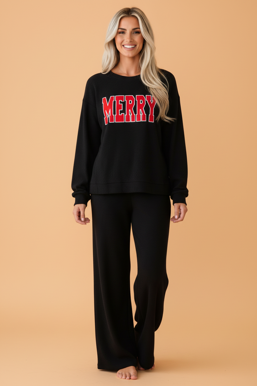 Christmas Letter Print Corded Knit Top & Pants Set