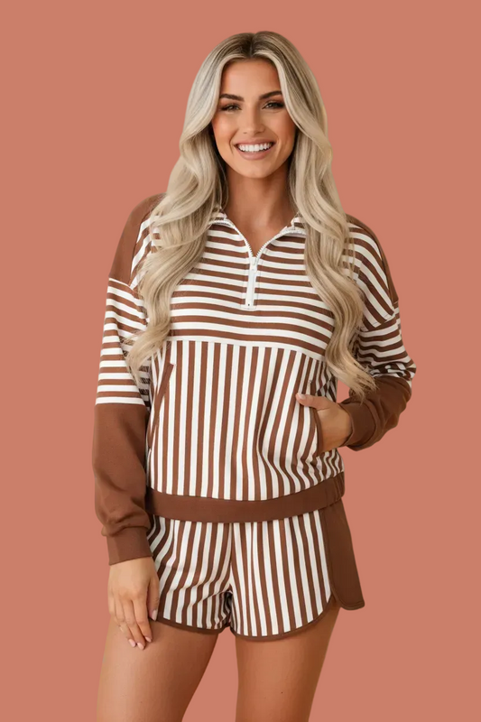 Stripe Patchwork Quarter Zip Sweatshirt & Shorts Set