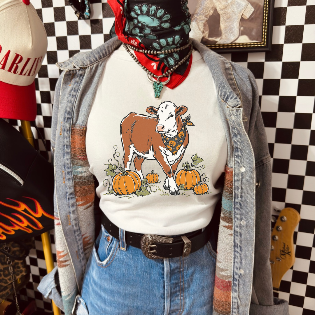 Pumpkin Patch Cow Tee — Autumn Farm Animal T-Shirt