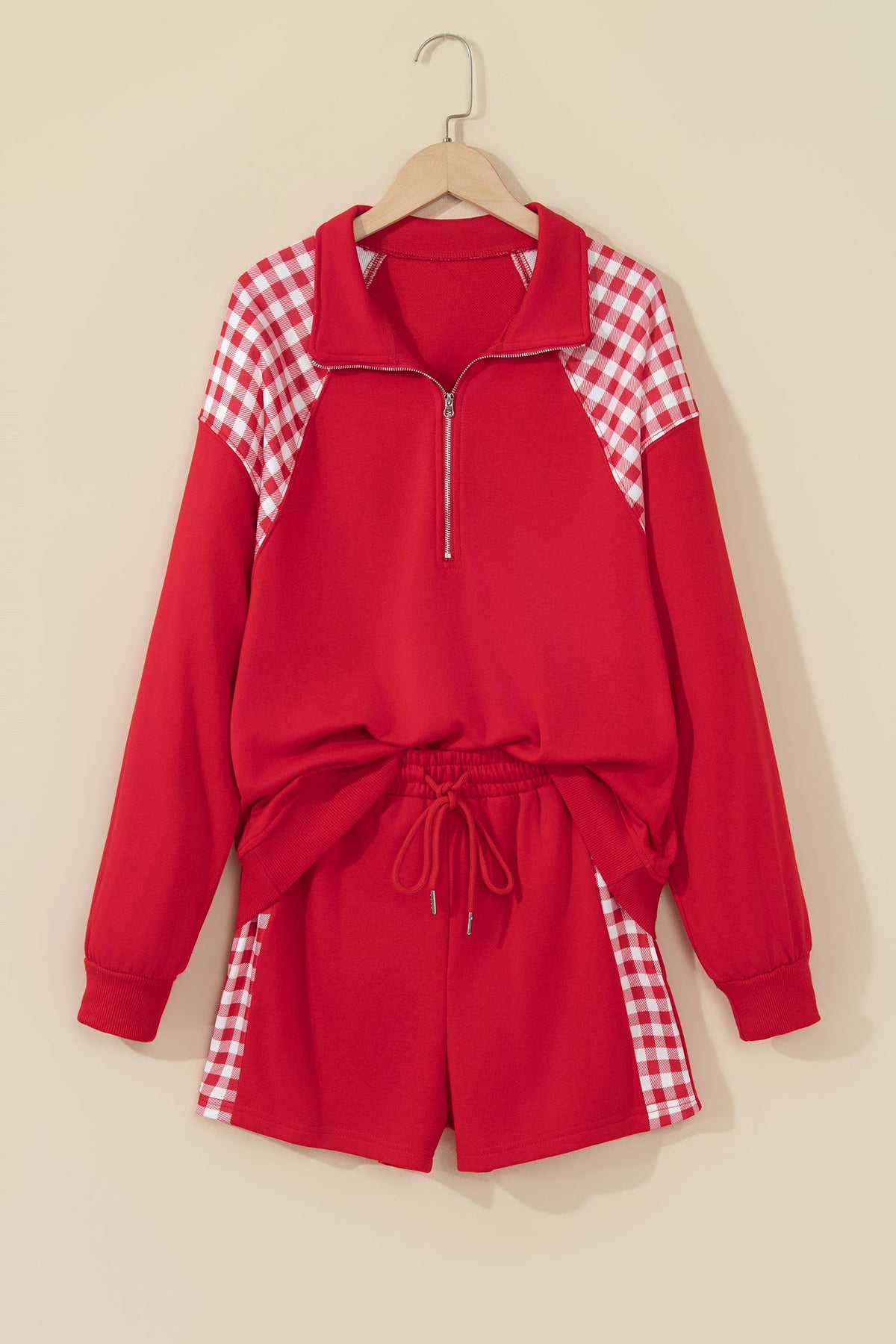 Gingham Patchwork Half-Zip Pullover & Shorts Set