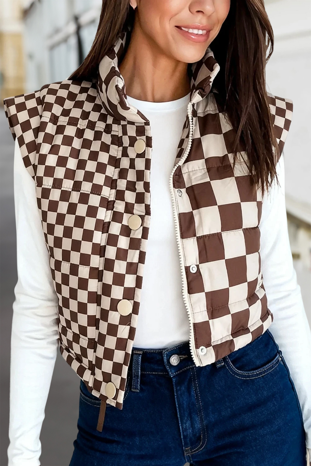 Checkerboard Zip Up Snap Button Puffer Vest