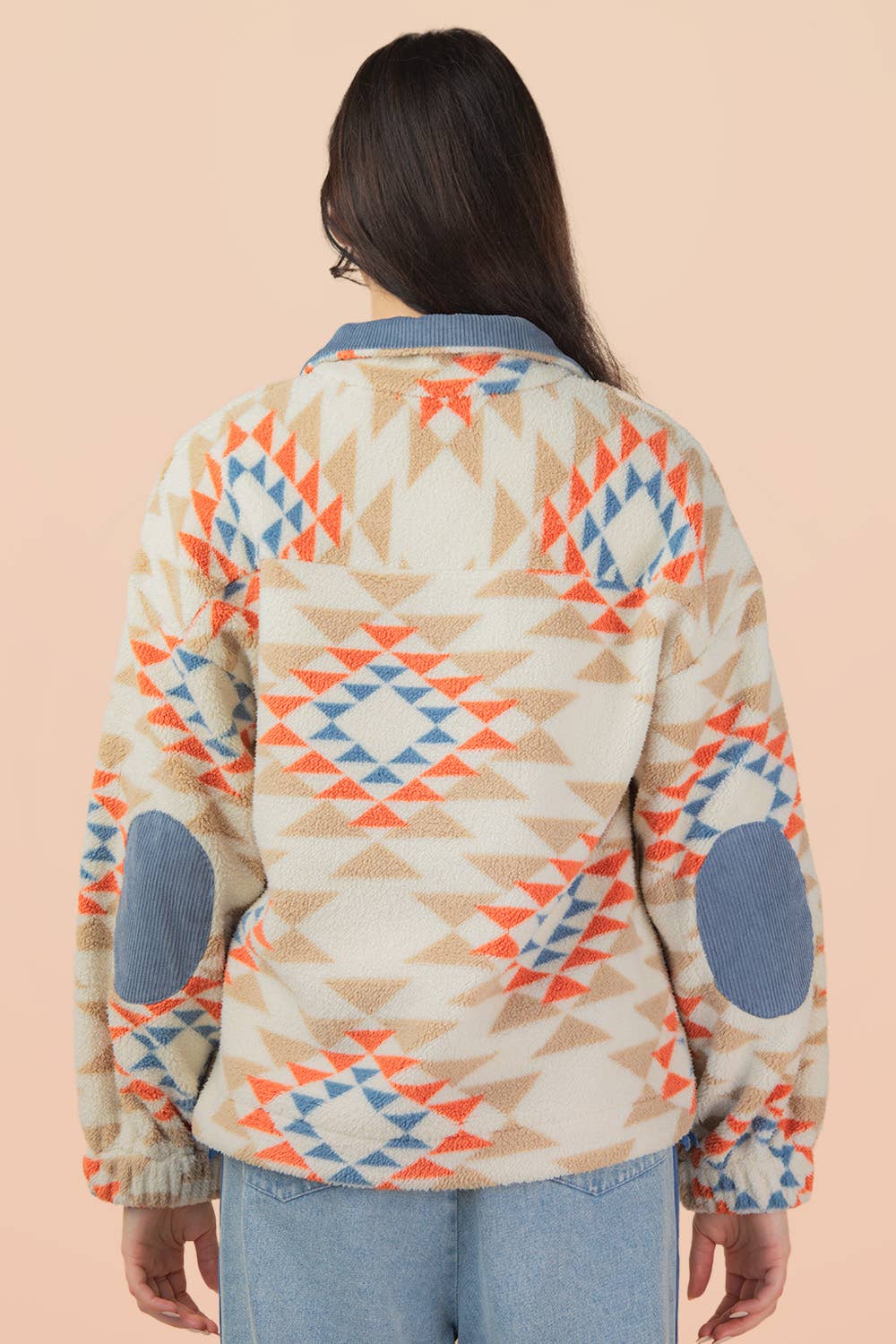Half Zip Up Aztec & Teddy Bear Graphic Fleece Top