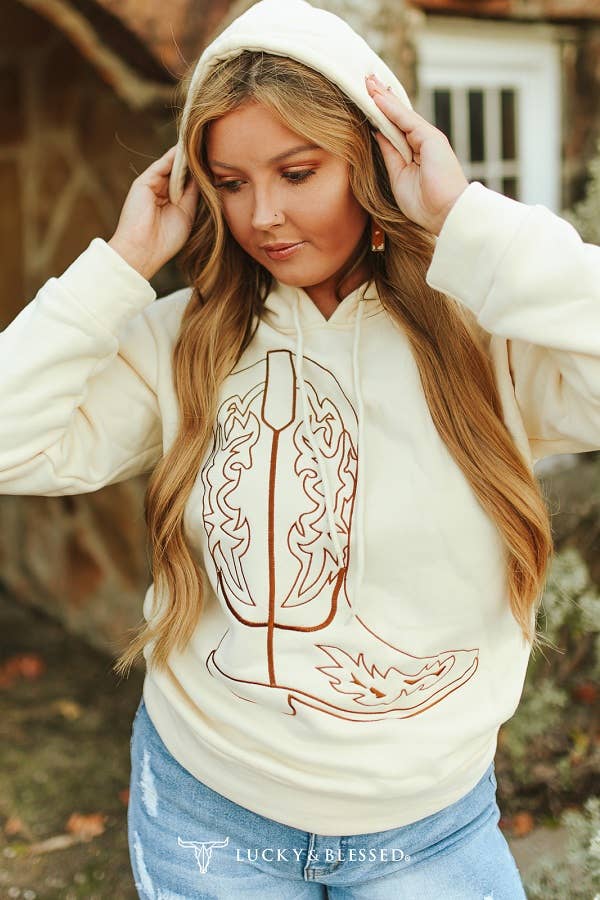 Plus Size Cream Hoodie W Boot Embroidery