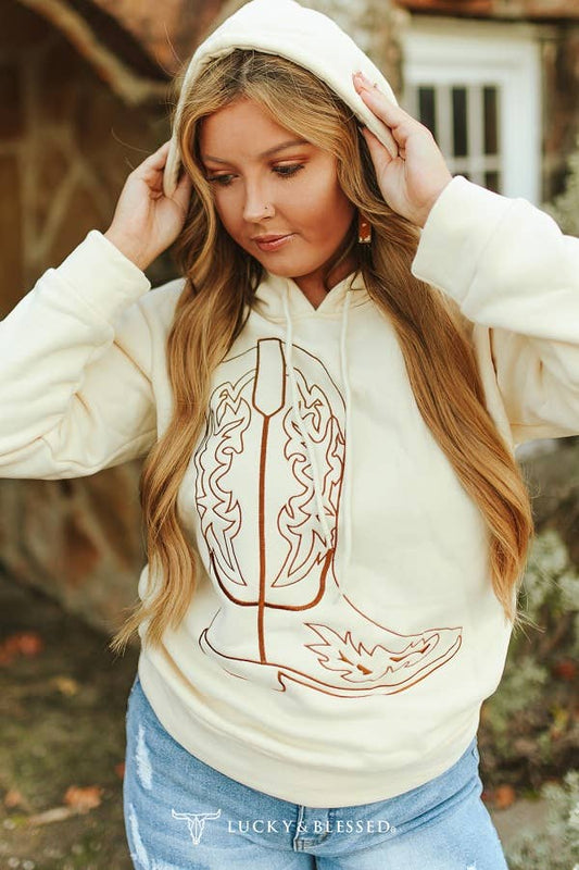 Plus Size Cream Hoodie W Boot Embroidery