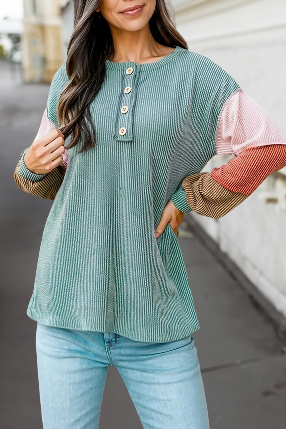 Colorblock Ribbed Knit Long Sleeve Henley Top