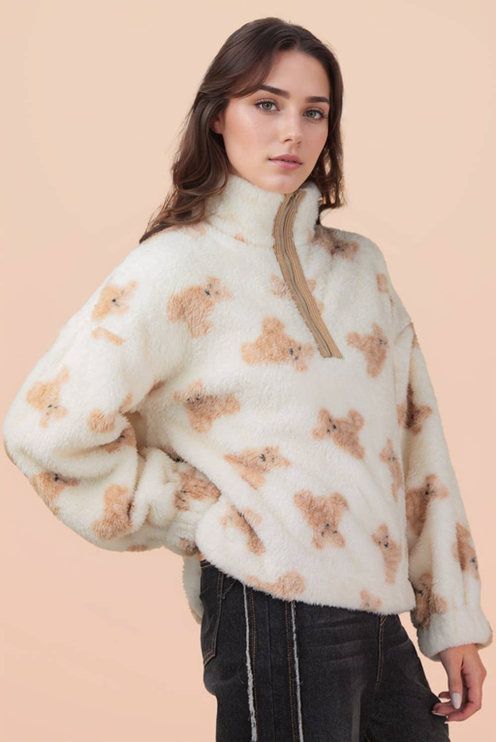 Half Zip Up Aztec & Teddy Bear Graphic Fleece Top