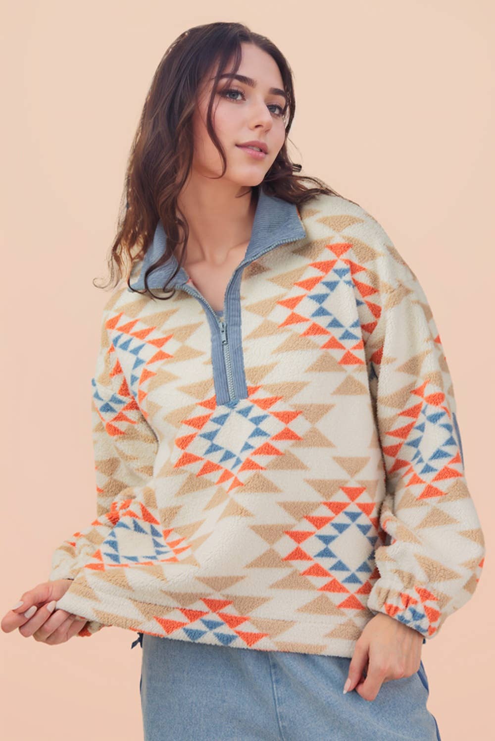 Half Zip Up Aztec & Teddy Bear Graphic Fleece Top