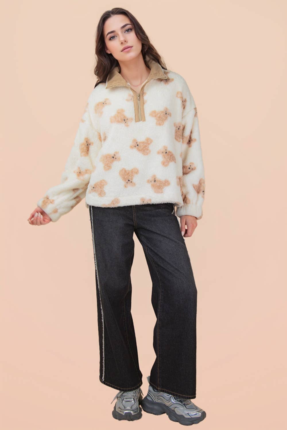 Half Zip Up Aztec & Teddy Bear Graphic Fleece Top