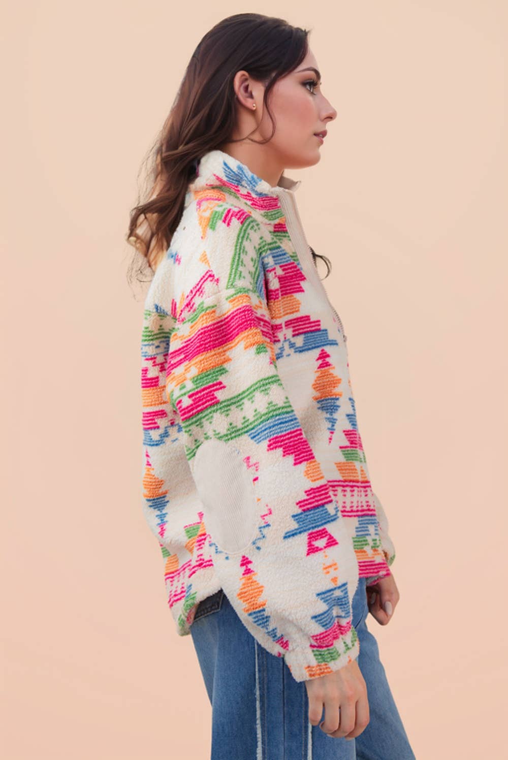 Half Zip Up Aztec & Teddy Bear Graphic Fleece Top