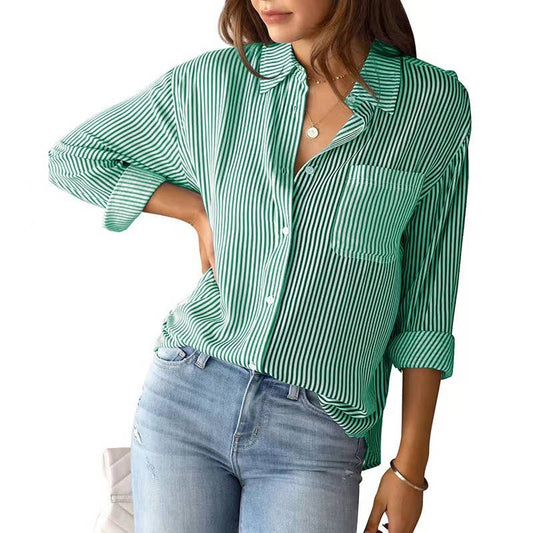 Striped top loose shirt blouse: Green