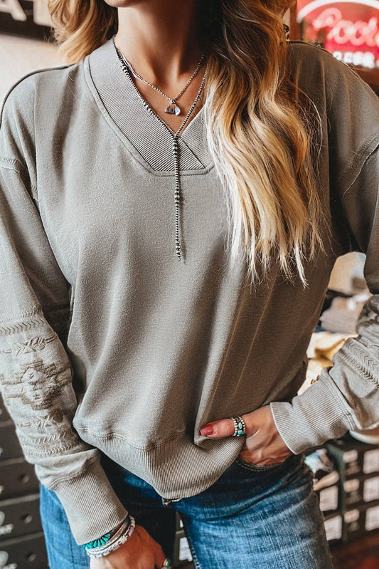 Embroidered Sleeve V-Neck Sweatshirt