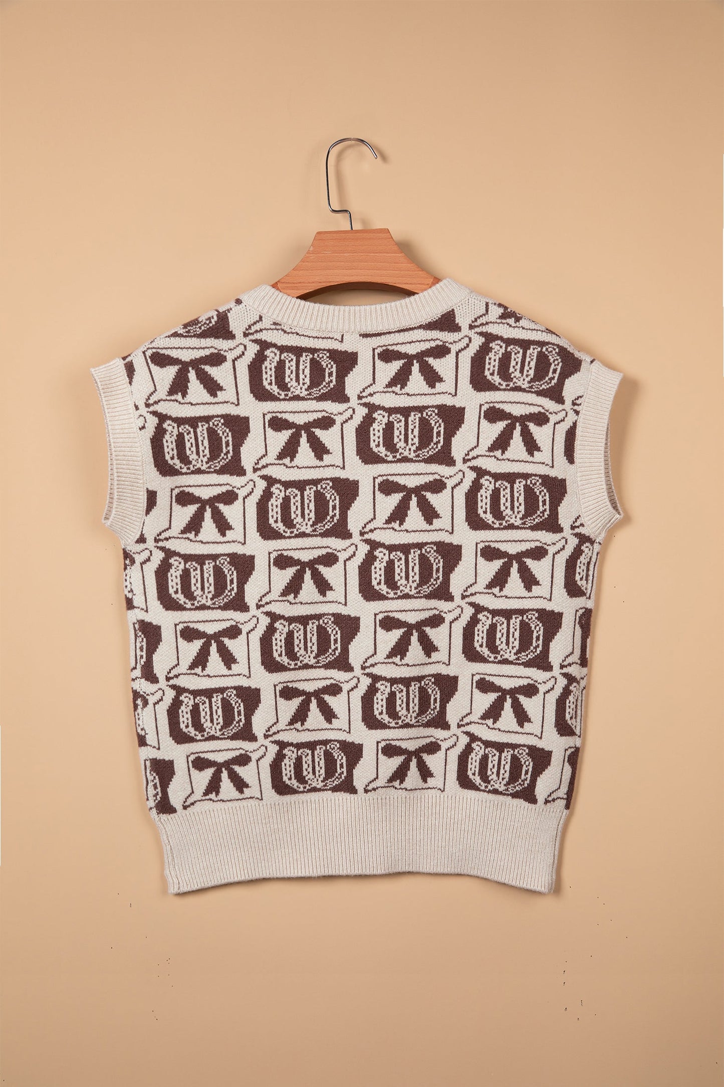 Western Horseshoe Bow Pattern Button Front Sleeveless Knit Top