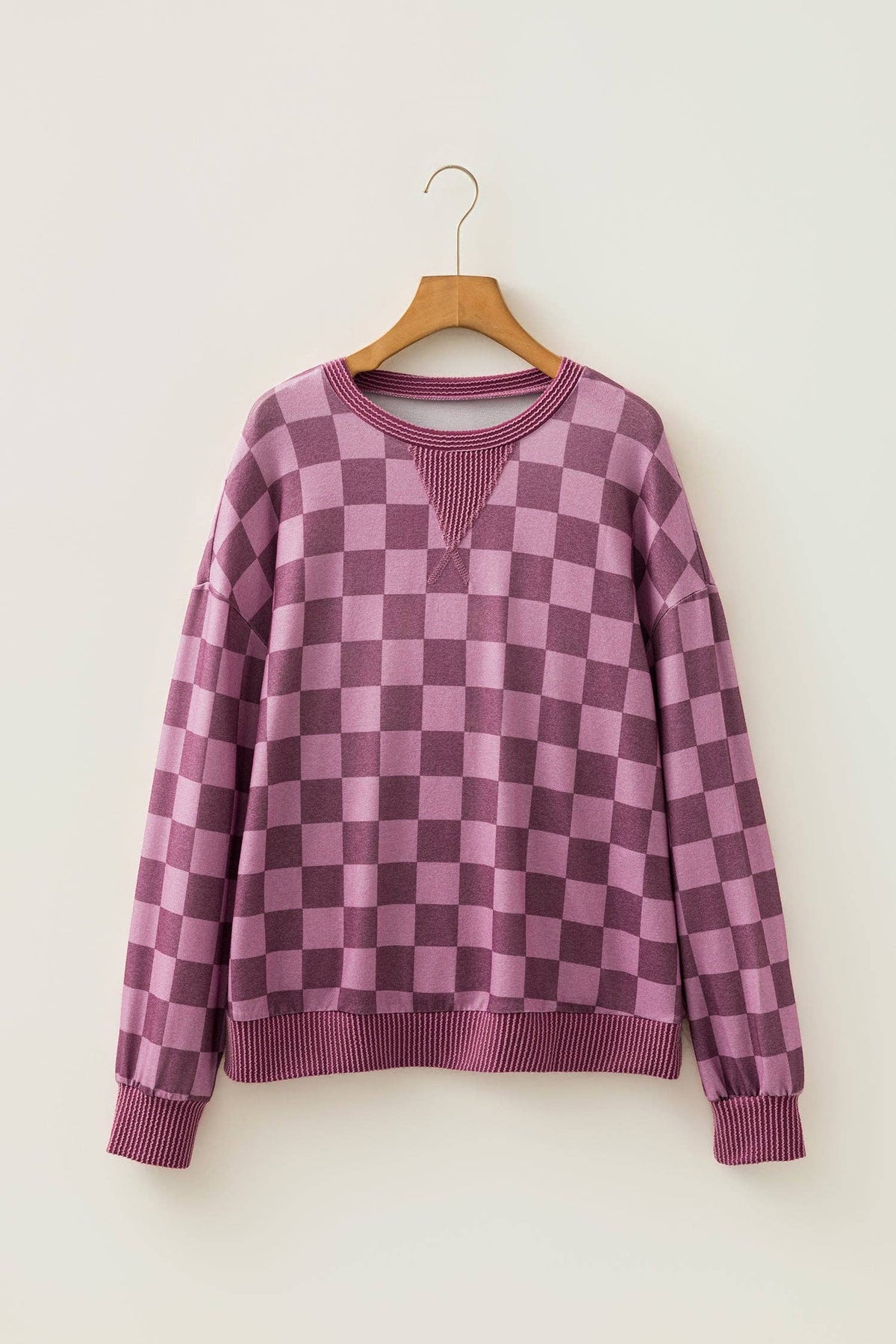 Checker Corded Knit Trim Long Sleeve Top