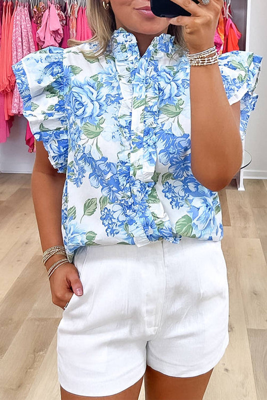Floral Ruffle Sleeve Buttoned Shirt: Sky Blue