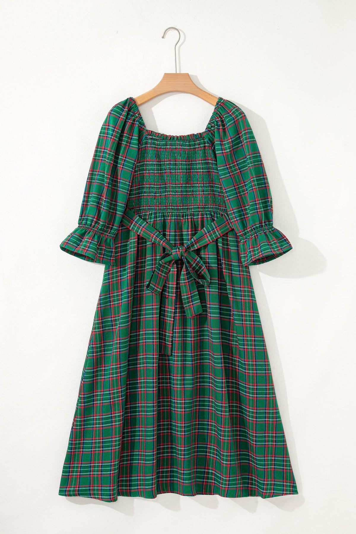 Plaid Square Neck Puff Sleeve Belted Midi Dress