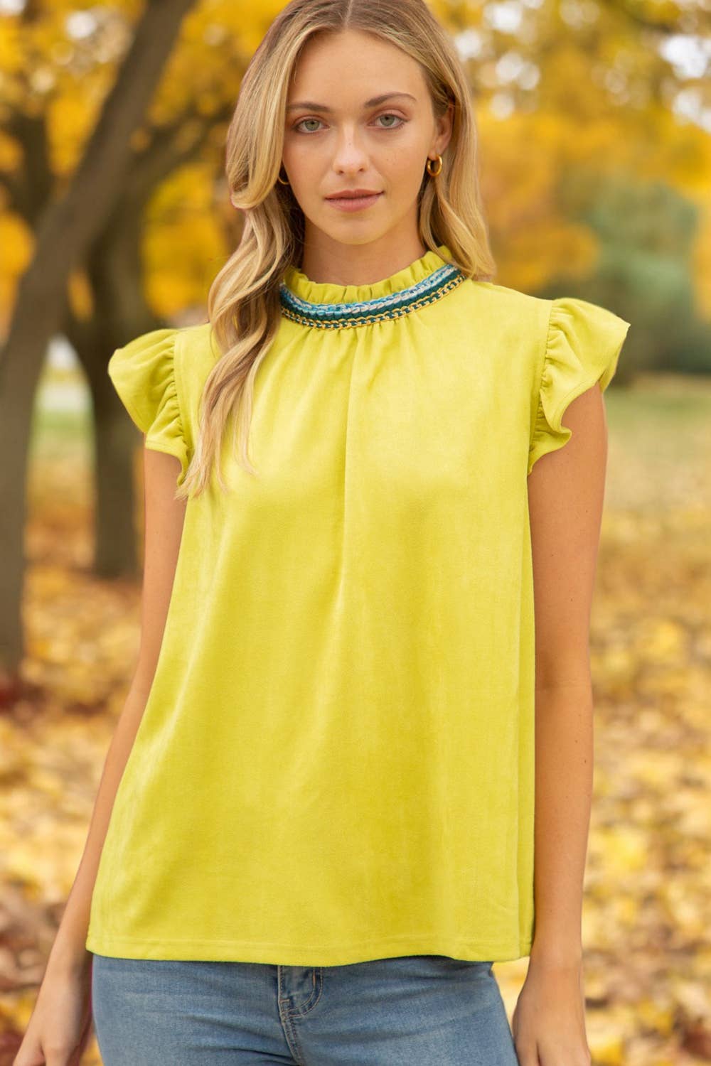 33024 Trim Detailed neck Suede Top: Lime