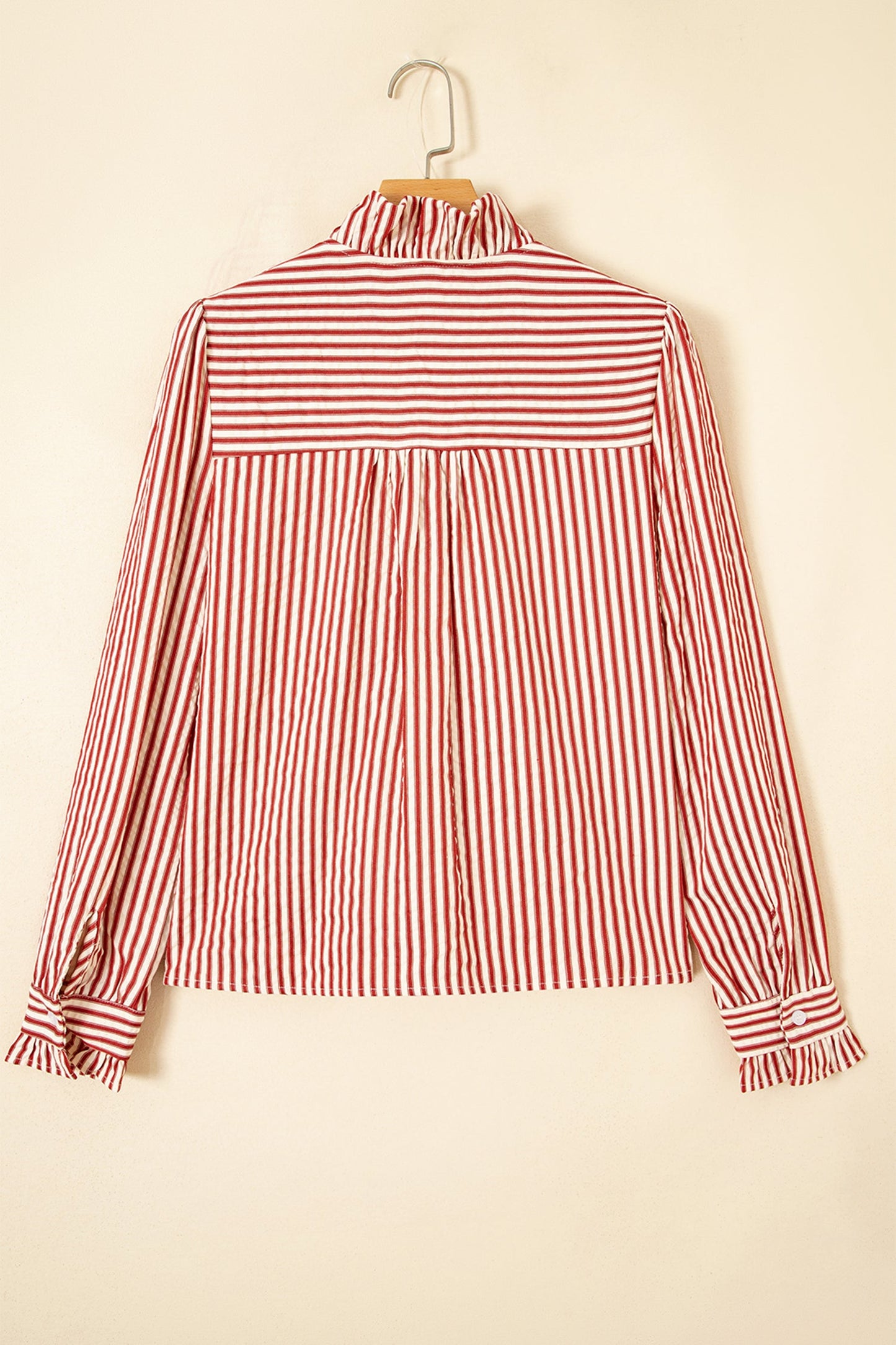 Stripe Textured Ruffle Trim Button-Up Long Sleeve Shirt