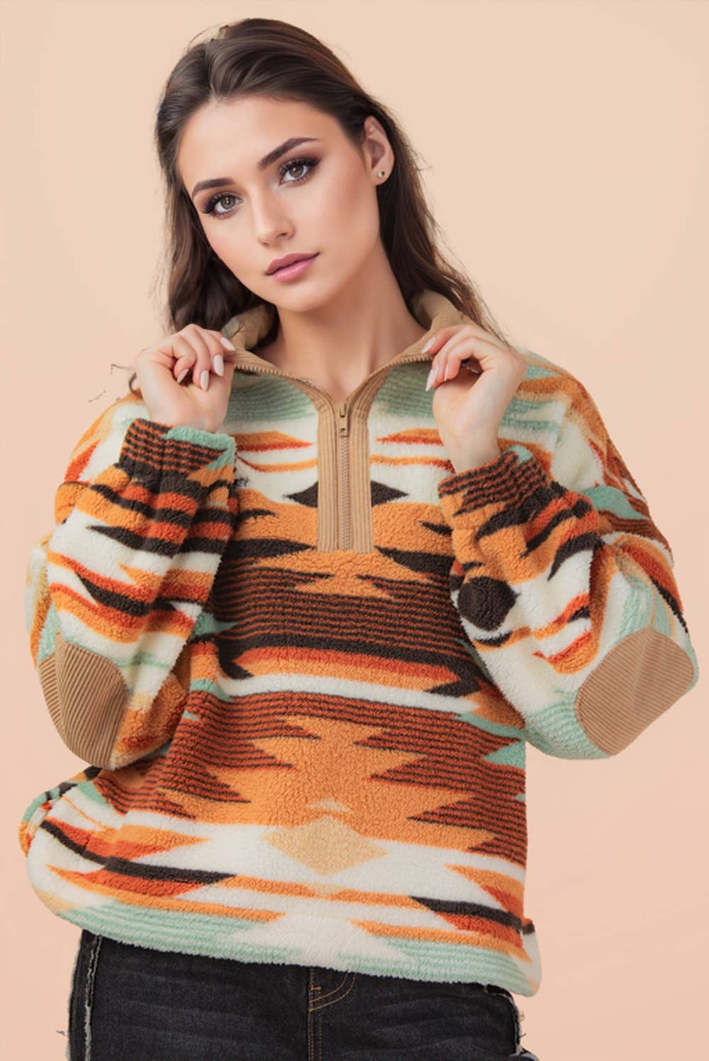 Half Zip Up Aztec & Teddy Bear Graphic Fleece Top