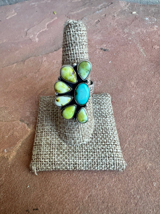 Handmade Sonoran Mountain Turquoise, Palomino Turquoise & Sterling Silver Adjustable Crescent Ring: Adjustable / Turquoise Ring 113
