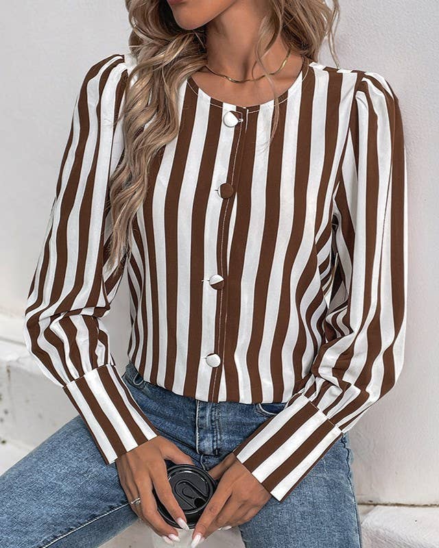 Fashion Single-Breasted Striped Contrast Long-Sleeved Shirt