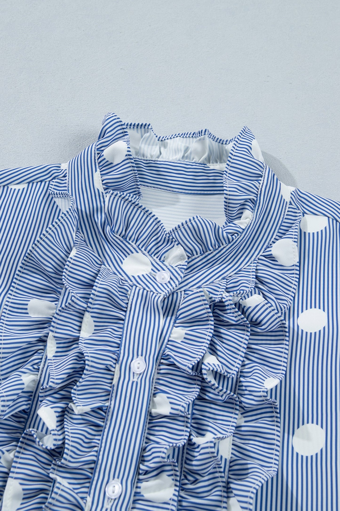 Stripe Contrast Polka Dot Pleated Ruffle Sleeve Shirt