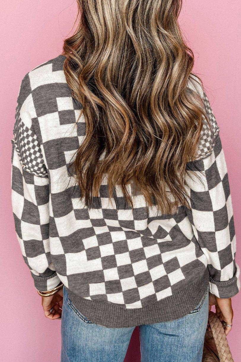 Checker Round Neck Sweater: Gray