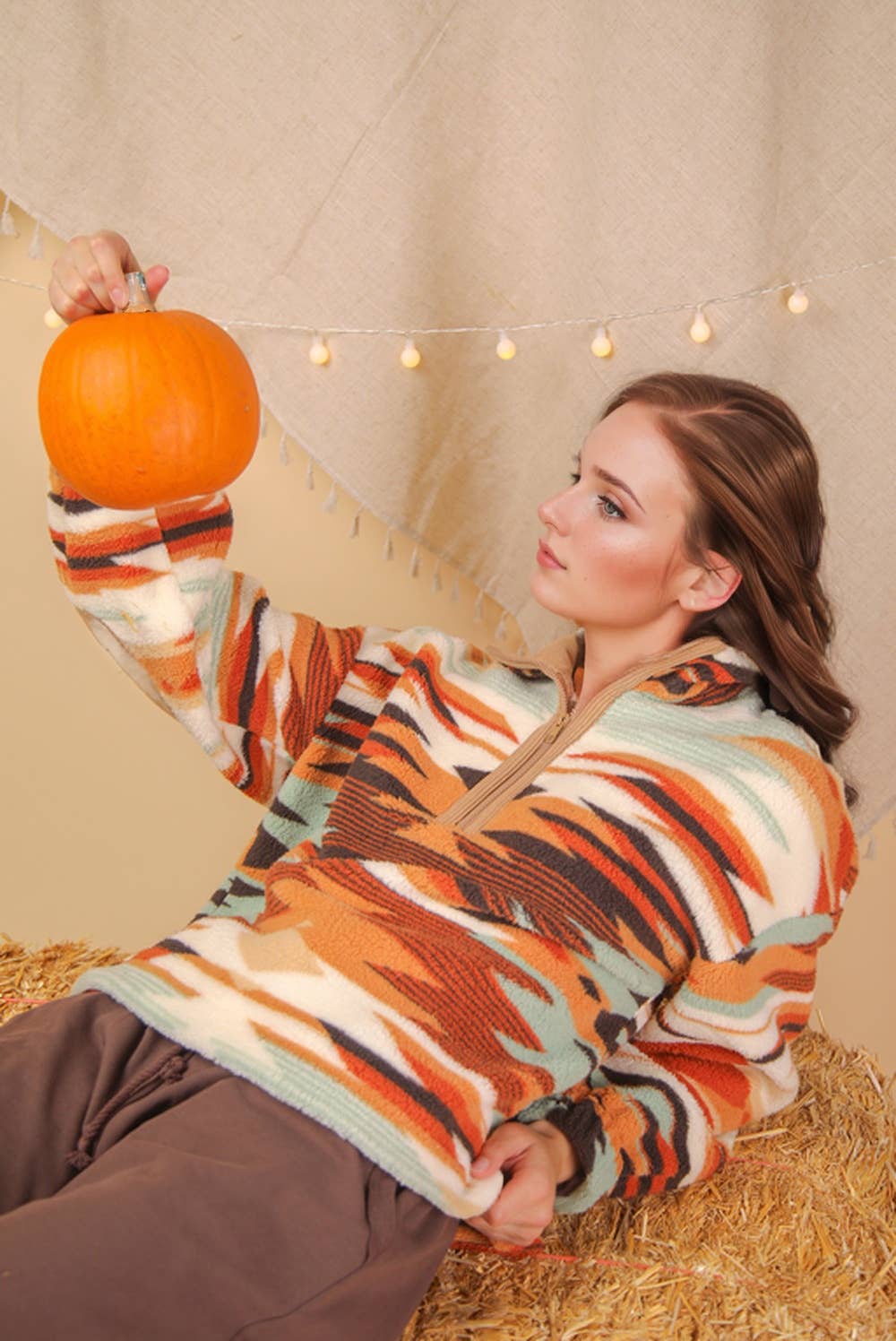 Half Zip Up Aztec & Teddy Bear Graphic Fleece Top
