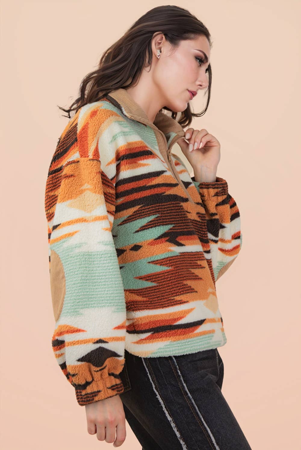 Half Zip Up Aztec & Teddy Bear Graphic Fleece Top