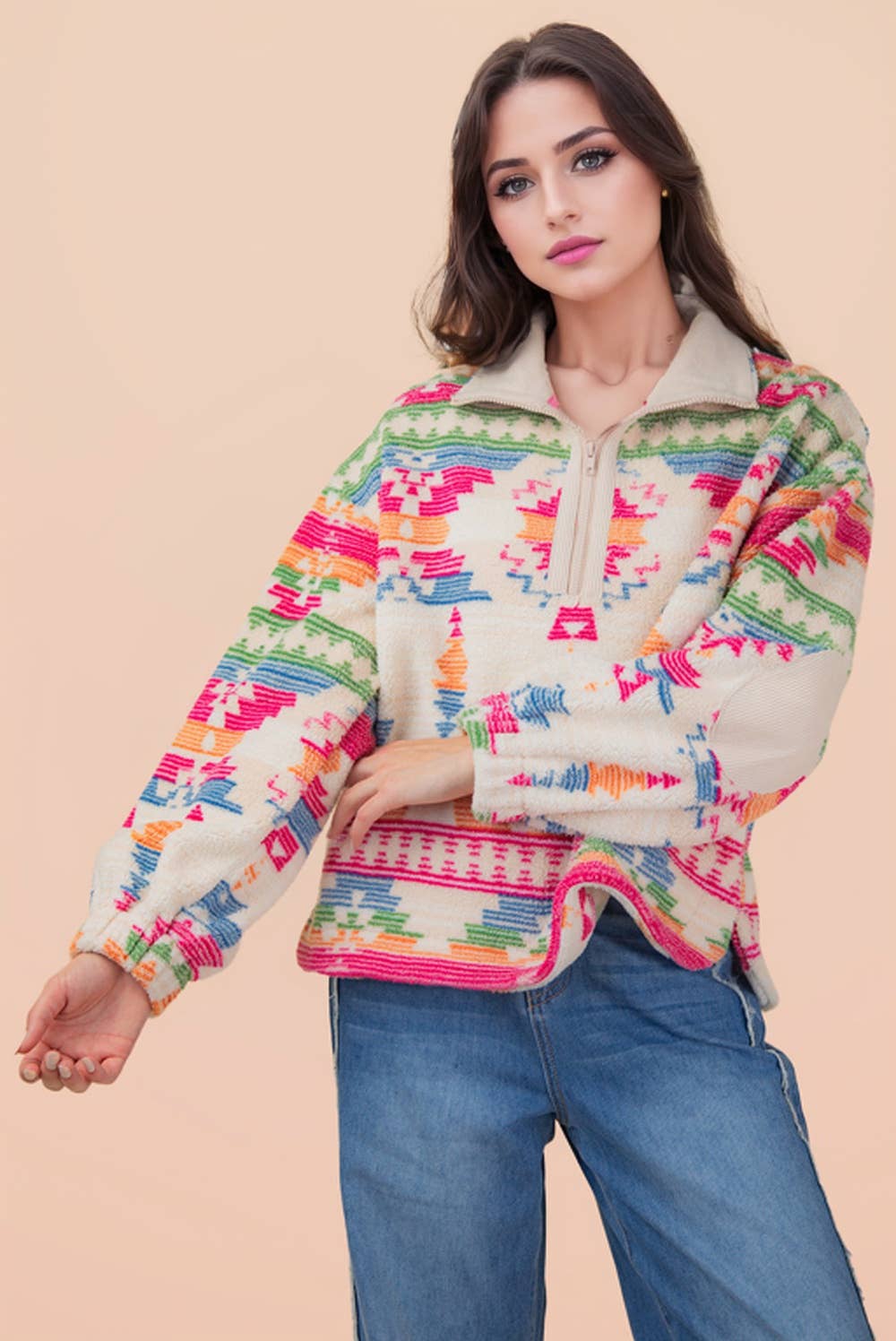 Half Zip Up Aztec & Teddy Bear Graphic Fleece Top